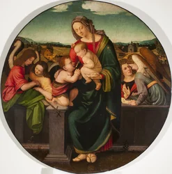 Madonna mit Kind und dem kleinen Johannes dem Täufer und Engeln, um 1515